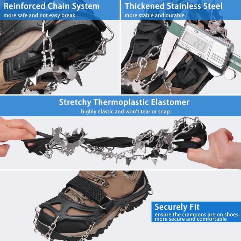 JSHANMEI Crampons 19 Spikes Shoes Anti Slip Ice Cleats for Shoes and Boots, Traction Snow Cleats Crampons for Hiking Boots Women Men Safe Protect for Winter Walking Hiking Ice Fishing, Size L - Image 3