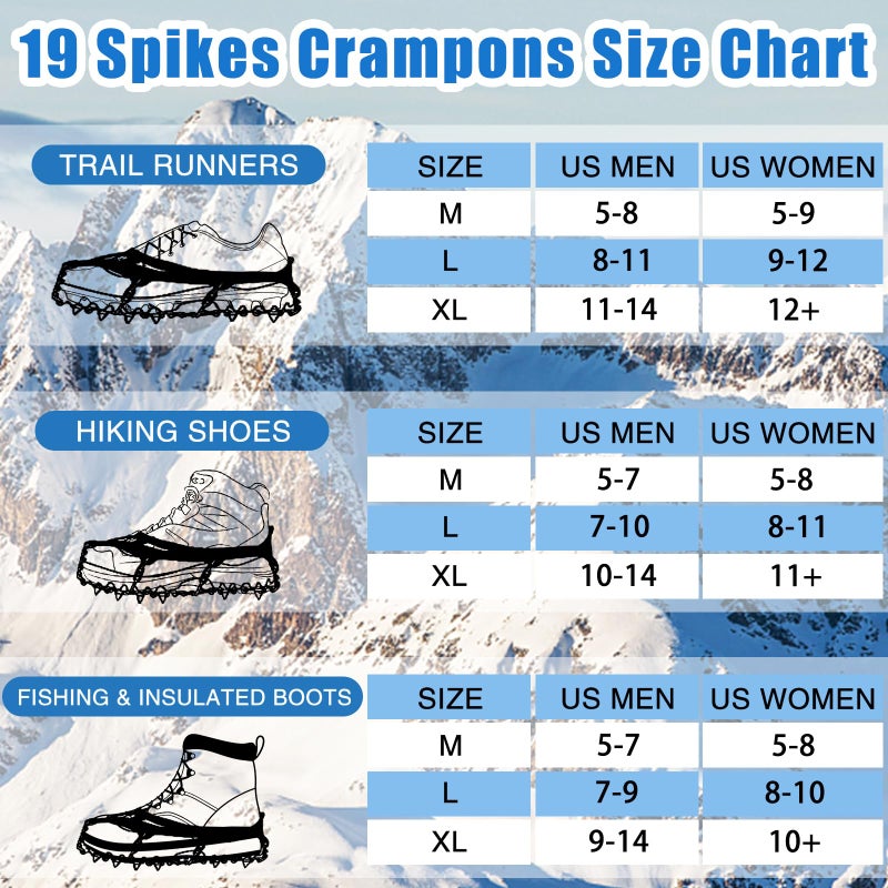 JSHANMEI Crampons 19 Spikes Shoes Anti Slip Ice Cleats for Shoes and Boots, Traction Snow Cleats Crampons for Hiking Boots Women Men Safe Protect for Winter Walking Hiking Ice Fishing, Size L - Image 5