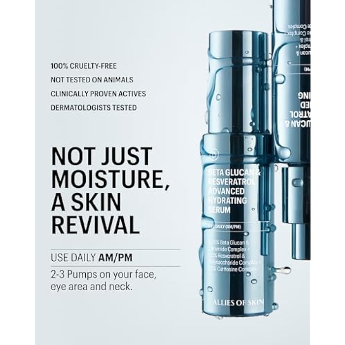 Allies of Skin Beta Glucan & Reservatrol Advanced Hydrating Serum | Plumping Face Serum with Ceramides, Peptides and Hyaluronic Acid | For Sensitive and Dry, Dehydrated Skin (1 Fl oz) - Image 3