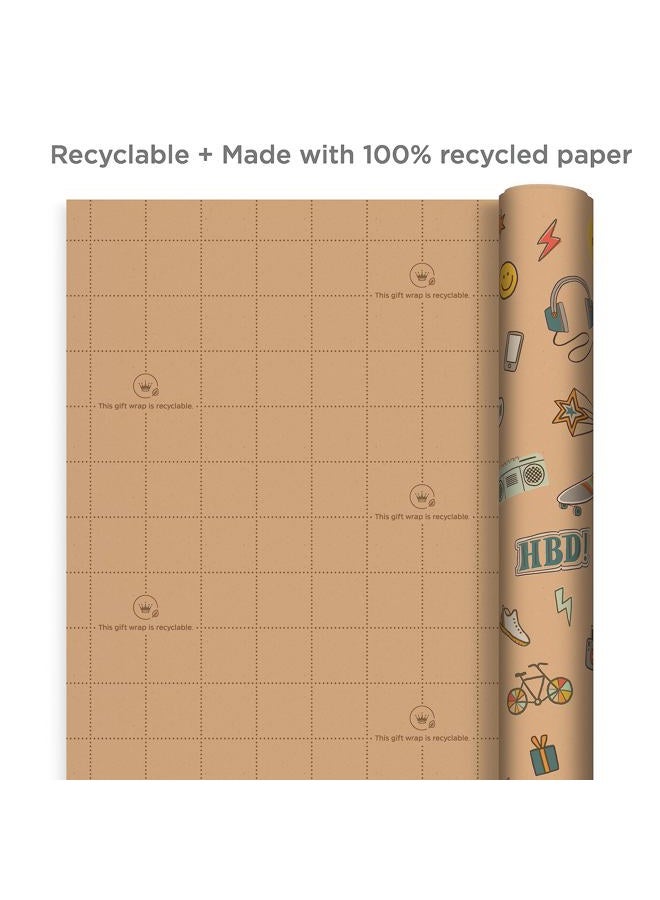 Hallmark Birthday Wrapping Paper, Recyclable Brown Kraft Gift Wrap (3 Rolls: 60 sq. ft. ttl) Kids Birthday, Retro Icons, Roller Skates, Skateboard - Image 4