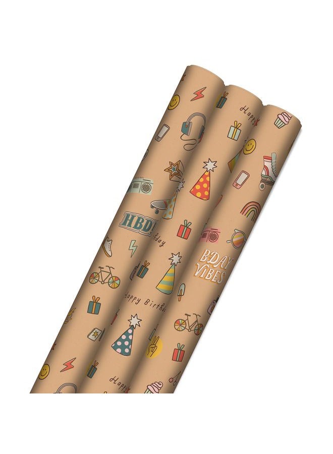 Hallmark Birthday Wrapping Paper, Recyclable Brown Kraft Gift Wrap (3 Rolls: 60 sq. ft. ttl) Kids Birthday, Retro Icons, Roller Skates, Skateboard - Image 1