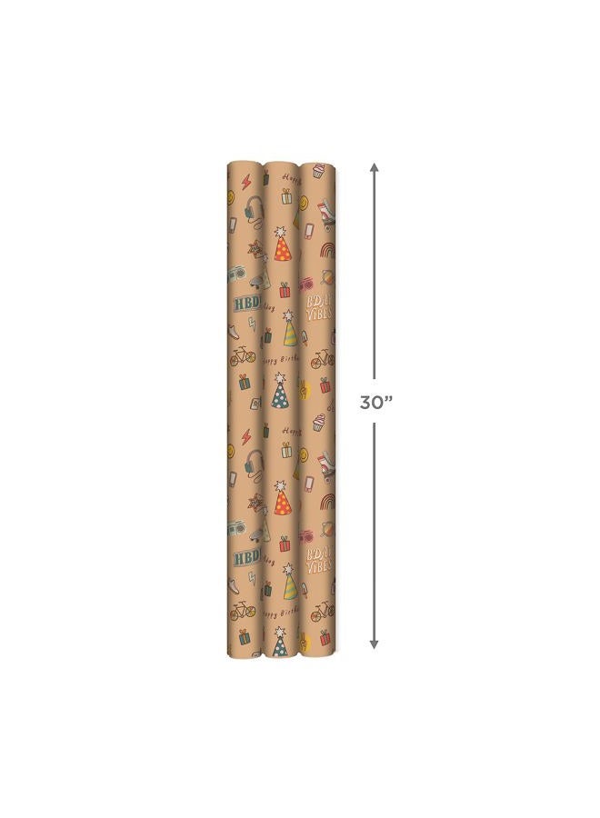 Hallmark Birthday Wrapping Paper, Recyclable Brown Kraft Gift Wrap (3 Rolls: 60 sq. ft. ttl) Kids Birthday, Retro Icons, Roller Skates, Skateboard - Image 3