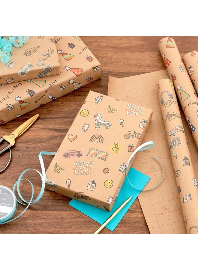 Hallmark Birthday Wrapping Paper, Recyclable Brown Kraft Gift Wrap (3 Rolls: 60 sq. ft. ttl) Kids Birthday, Retro Icons, Roller Skates, Skateboard - Image 2