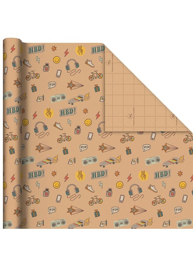 Hallmark Birthday Wrapping Paper, Recyclable Brown Kraft Gift Wrap (3 Rolls: 60 sq. ft. ttl) Kids Birthday, Retro Icons, Roller Skates, Skateboard - Image 5