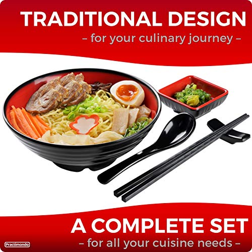 Practimondo Unbreakable Ramen Bowl Set with Chopsticks and Spoon: 2 large Japanese Style Melamine Ramen Bowls, Dipping Bowls and Chopstick Stands for Asian Pho Soup Thai Miso Udon Wonton (2 Bowl Set, Red-Black) - Image 3
