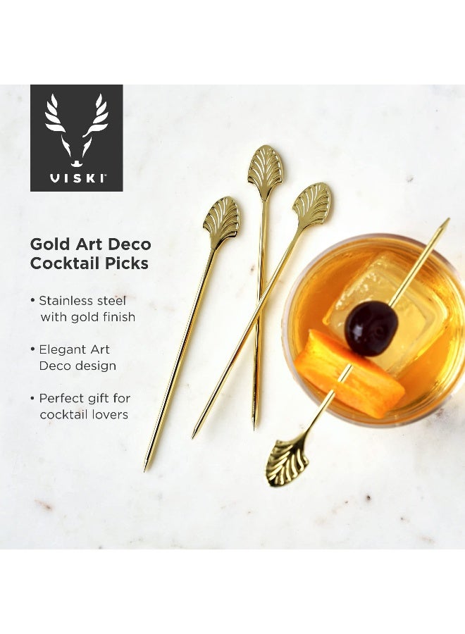 Viski Gold Art Deco Cocktail Picks, Stainless Steel Cocktail Picks for Drinks, Garnish Picks, Cocktail Skewers, Barware Accessories, 5in, Set of 4 - Image 2
