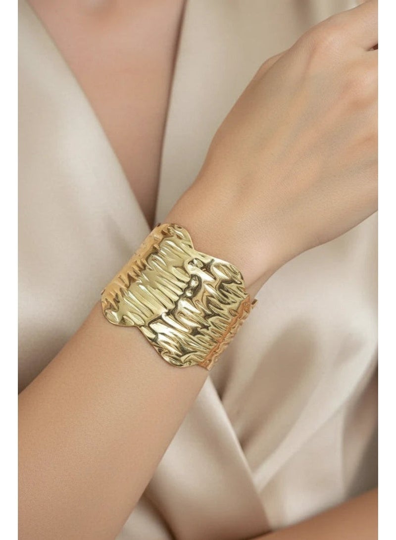 Shein Wide Gold Hammered Wave Cuff Bangle | Luxury Bold Statement Bracelet for Women | 18K Gold Plated Textured Open Cuff | Elegant Wedding Party Jewelry - Image 1