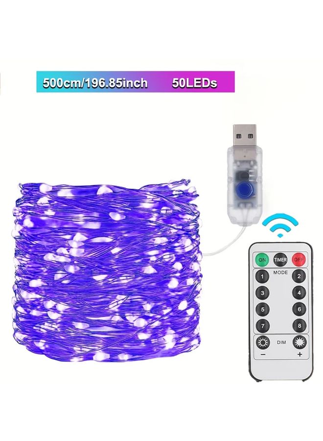 Purple USB Copper Wire Fairy Lights 196.85in 50 Lights 8 Modes For Indoor Party - Image 1