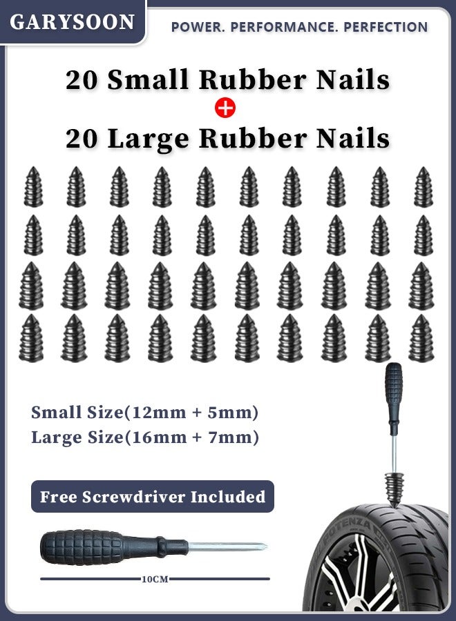 Garysoon Vacuum Tire Quick Repair Plug – 3rd Generation Rubber Tire Repair Nail, Fast & Durable, For Motorcycles, Cars, Electric Vehicles, Quick Tire Repair Rubber Nails [Small 20 + Large 20] with Free Screwdriver - Image 1