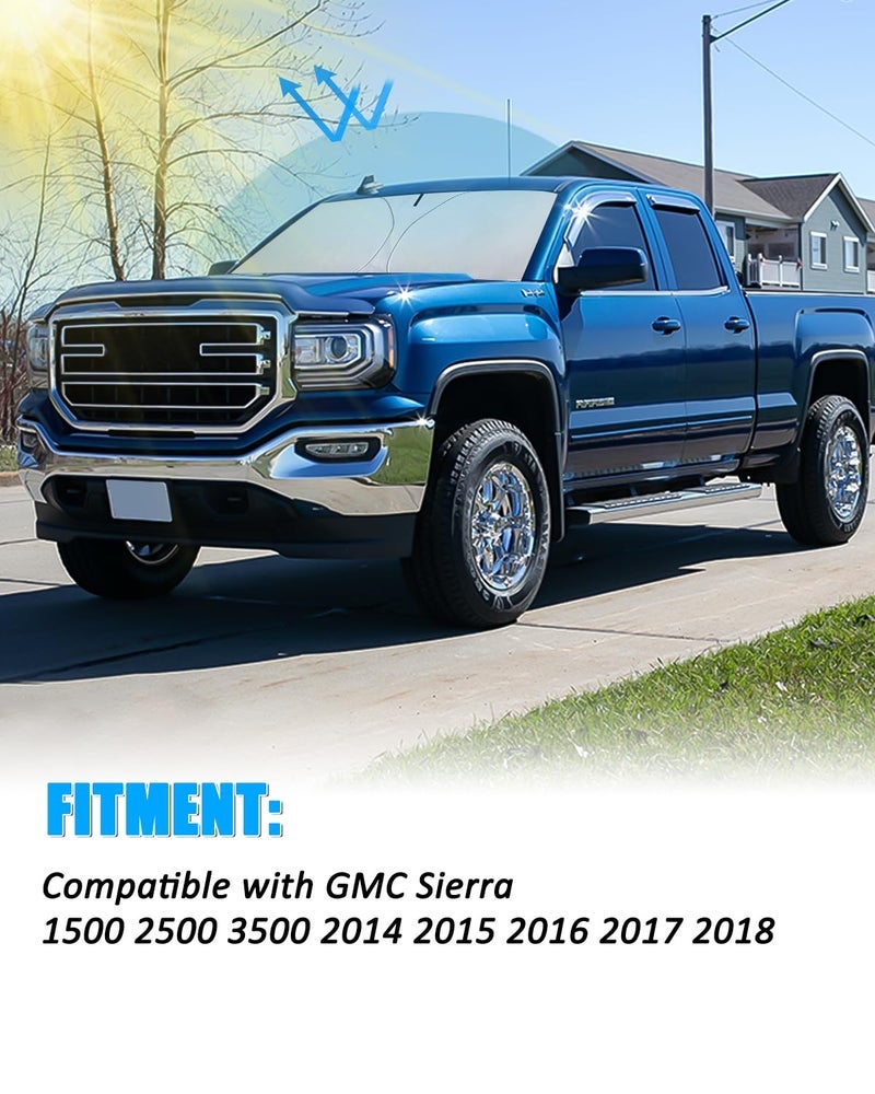 بست فيو ستارة الشمس الأمامية من BESTVIEW متوافقة مع GMC Sierra 1500 2500 3500 2014-2018، ستائر شمس قابلة للطي عاكسة لنافذة السيارة الأمامية، 3 طبقات بمادة 210T، فضية - Image 1