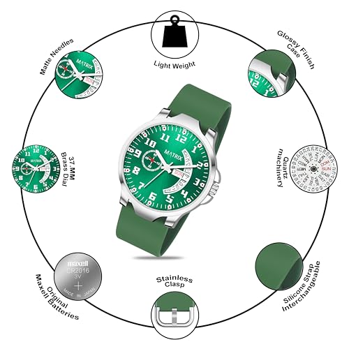 Matrix Classic 2.0 Day & Date Analog Watch with Softest Silicone Strap for Men & Boys (Green) - Image 3