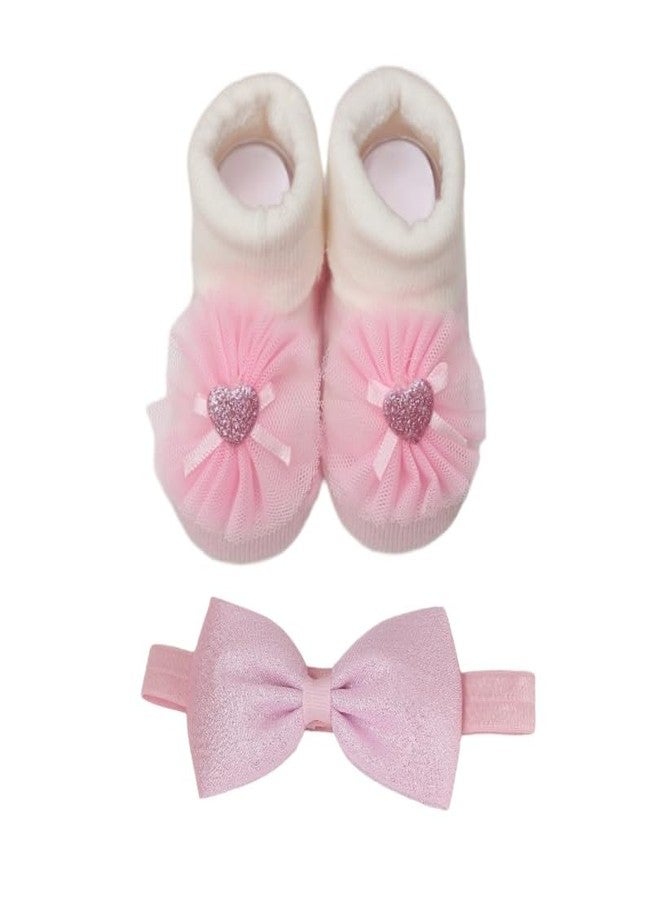 Yellow Bee Flower Print Socks and Bow Headband set for Girls Pack of 2- White and Pink, 0-3M - Image 1