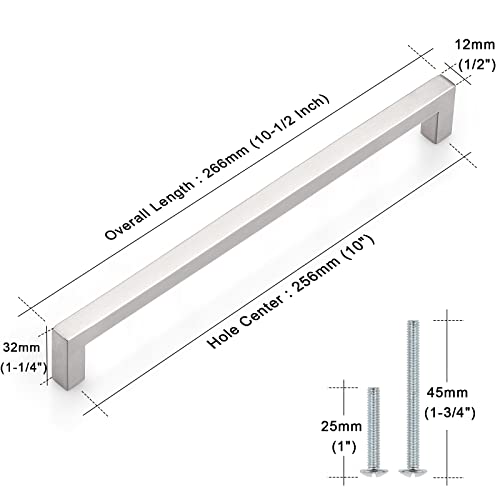 Probrico 5 Pack|10 inch Square Cabinet Pulls Brushed Nickel Drawer Handles Stainless Steel Drawer Handles Cabinet Hardware 10-1/2 inch Total Length - Image 4