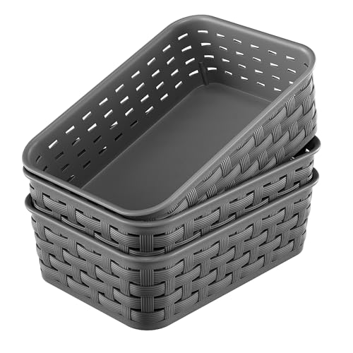 FUCDTEFC 3 Pack Small Plastic Basket, Storage Bin Baskets for Organizing, Pantry Organizer Household Wicker Storage for Laundry Room, Bedrooms, Kitchens, Cabinets, Countertops, Dark Gray - Image 1