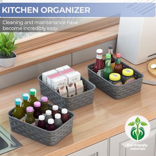 FUCDTEFC 3 Pack Small Plastic Basket, Storage Bin Baskets for Organizing, Pantry Organizer Household Wicker Storage for Laundry Room, Bedrooms, Kitchens, Cabinets, Countertops, Dark Gray - Image 4