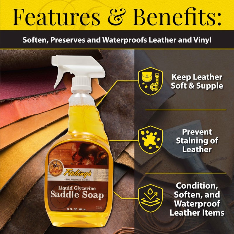 Tough 1 Fiebing's Liquid Glycerine Saddle Soap for Leather (32 oz) - Smooth Leather Cleaner & Conditioner to Soften, Protect & Restore Leathercraft - for Car Seat, Couch, Shoe, Purse, Boot, Bag, & Saddles - Image 3
