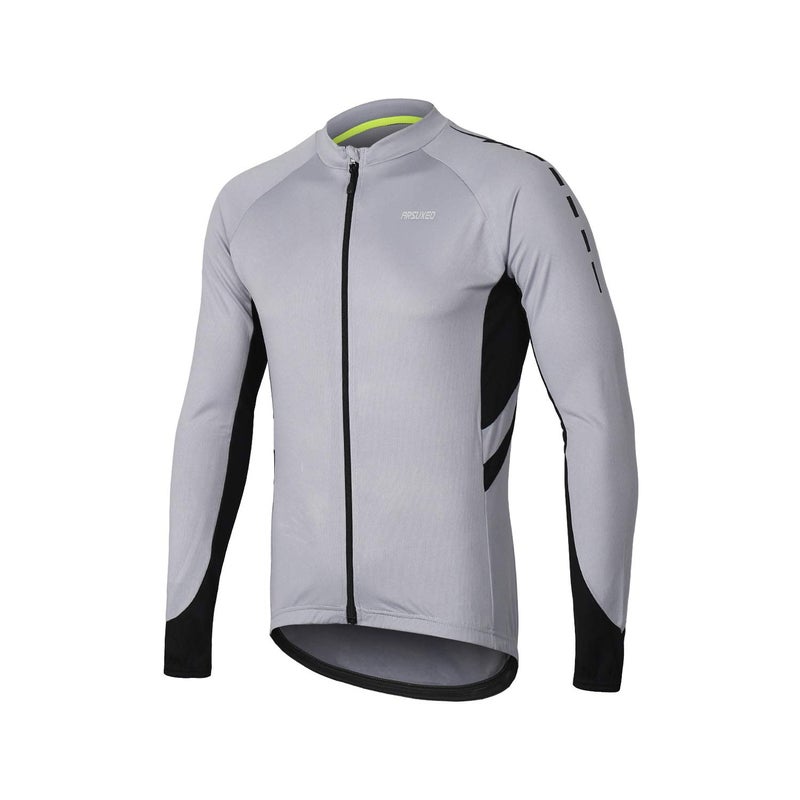 ARSUXEO Men's Full Zipper Long Sleeves Cycling Jersey Bicycle MTB Bike Shirt 6030 Light Gray Size M - Image 1