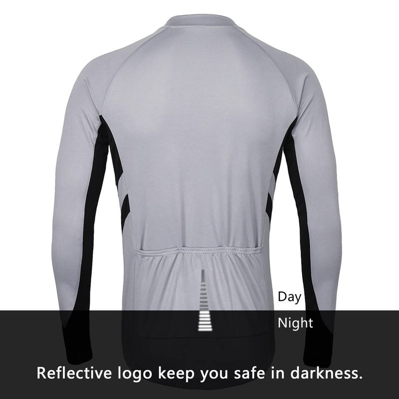 ARSUXEO Men's Full Zipper Long Sleeves Cycling Jersey Bicycle MTB Bike Shirt 6030 Light Gray Size M - Image 2