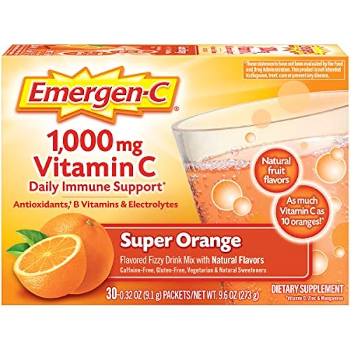 Emergen-C 1000mg Vitamin C Powder for Daily Immune Support Caffeine Free Vitamin C Supplements with Zinc and Manganese, B Vitamins and Electrolytes, Super Orange Flavor - 30 Count - Image 1