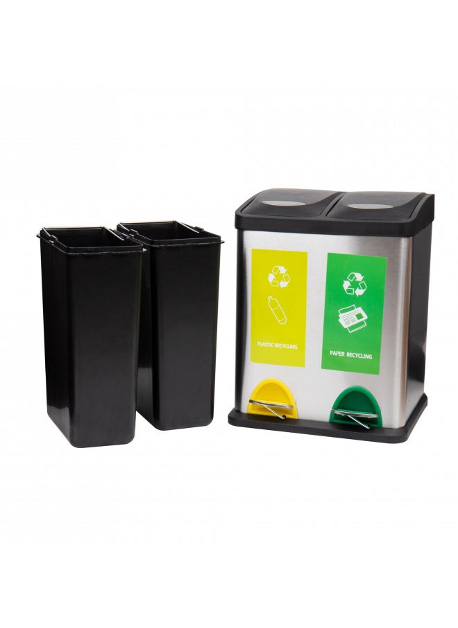 Mind Reader Mind Reader 2-Section Stainless Steel Recycle Bin, 24 Liter/ 6.5 Gallon Capacity, Metal Recycling Bin, Kitchen, Hands Free Pedal, Quiet Close Lid, 18" L x 10.5" W x 15.5" H, Silver  - Image 1