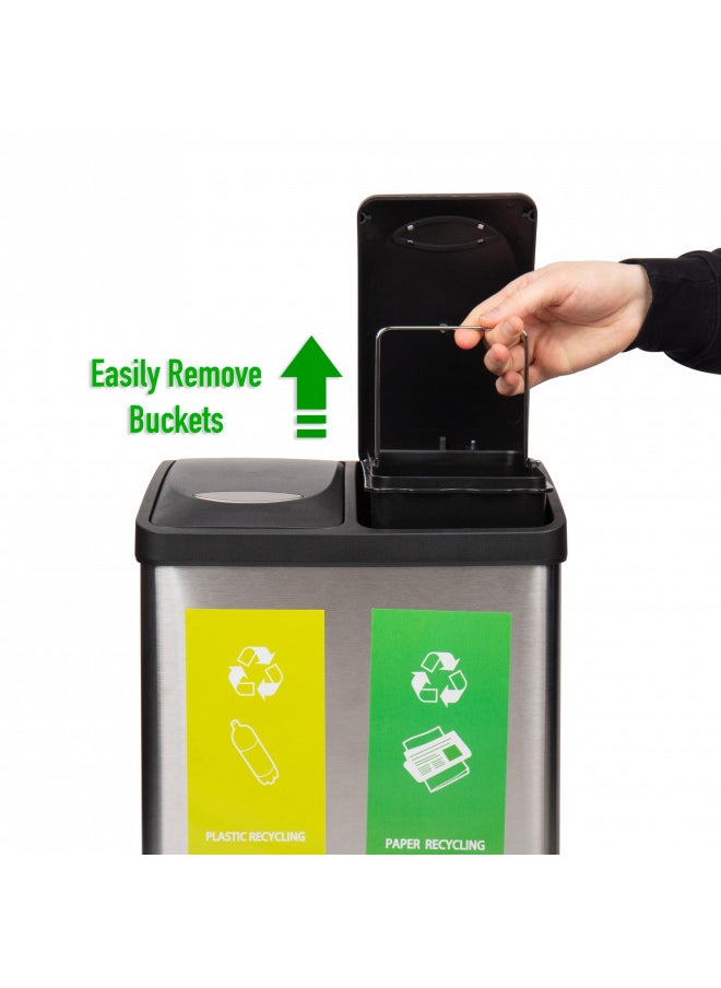 Mind Reader Mind Reader 2-Section Stainless Steel Recycle Bin, 24 Liter/ 6.5 Gallon Capacity, Metal Recycling Bin, Kitchen, Hands Free Pedal, Quiet Close Lid, 18" L x 10.5" W x 15.5" H, Silver  - Image 5