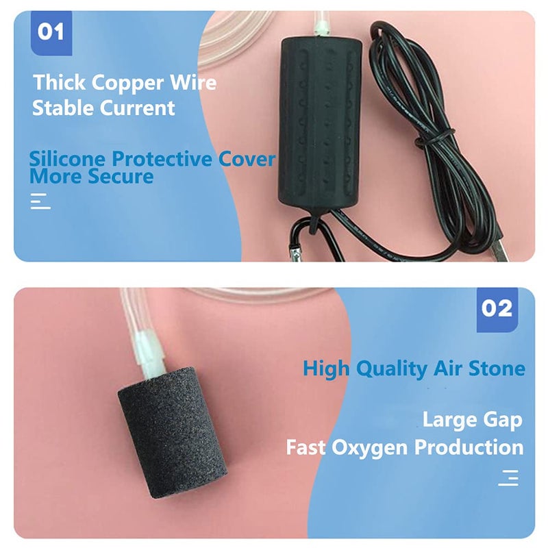 lenpestia Aquarium Air Pump Mini USB Fish Tank Oxygen Air Pump Portable Ultra Silent Air Aerator Pump Energy Saving Oxygen Bubbler with Air Stone and Single Outlet Silicone Tube 1W (Black) - Image 3
