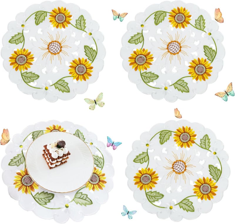 Joyfol Day Joyfol Day Sunflower Placemats Set of 4 Cutwork Embroidered Floral Placemat Flower Dresser Scarf for SpringSummer Holiday Home Kitchen Dining Tabletop Decoration Round14 inch  - Image 1