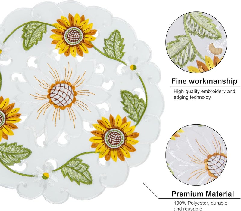 Joyfol Day Joyfol Day Sunflower Placemats Set of 4 Cutwork Embroidered Floral Placemat Flower Dresser Scarf for SpringSummer Holiday Home Kitchen Dining Tabletop Decoration Round14 inch  - Image 2
