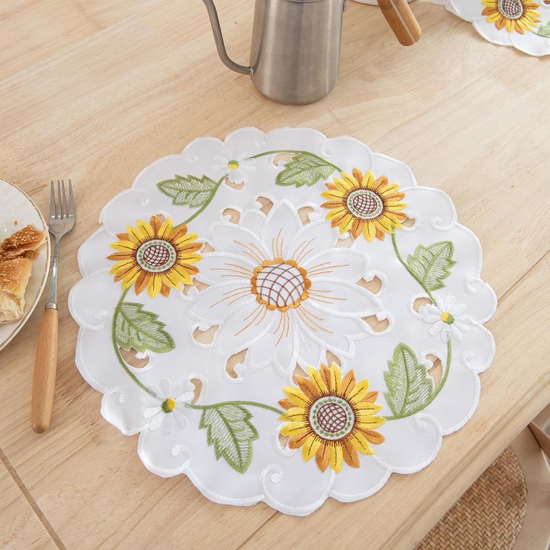 Joyfol Day Joyfol Day Sunflower Placemats Set of 4 Cutwork Embroidered Floral Placemat Flower Dresser Scarf for SpringSummer Holiday Home Kitchen Dining Tabletop Decoration Round14 inch  - Image 4