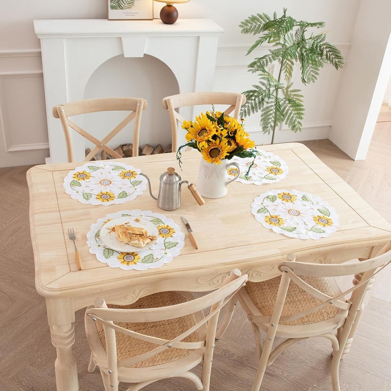 Joyfol Day Joyfol Day Sunflower Placemats Set of 4 Cutwork Embroidered Floral Placemat Flower Dresser Scarf for SpringSummer Holiday Home Kitchen Dining Tabletop Decoration Round14 inch  - Image 5