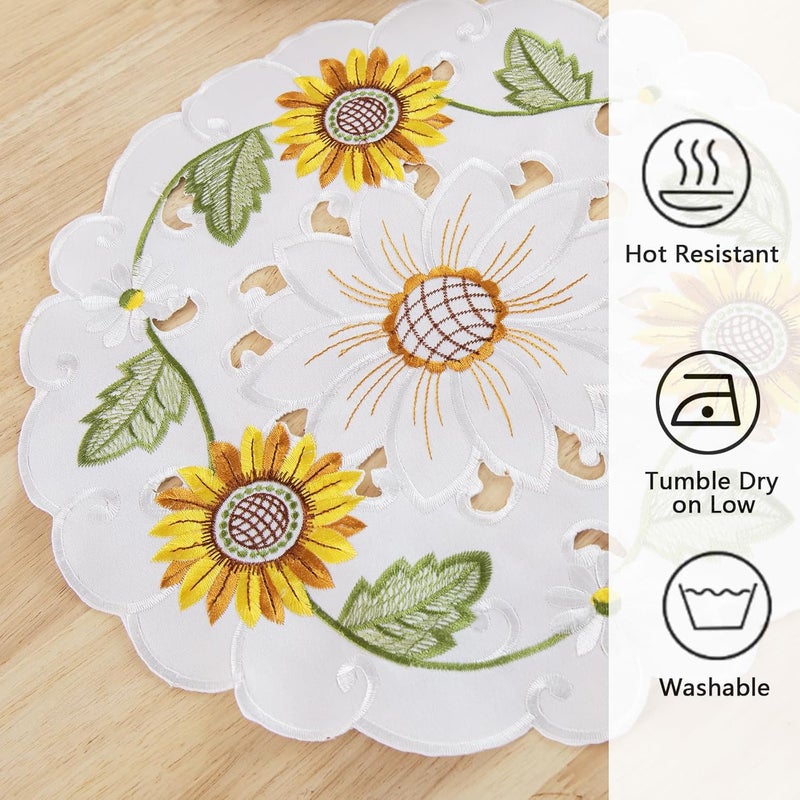 Joyfol Day Joyfol Day Sunflower Placemats Set of 4 Cutwork Embroidered Floral Placemat Flower Dresser Scarf for SpringSummer Holiday Home Kitchen Dining Tabletop Decoration Round14 inch  - Image 3