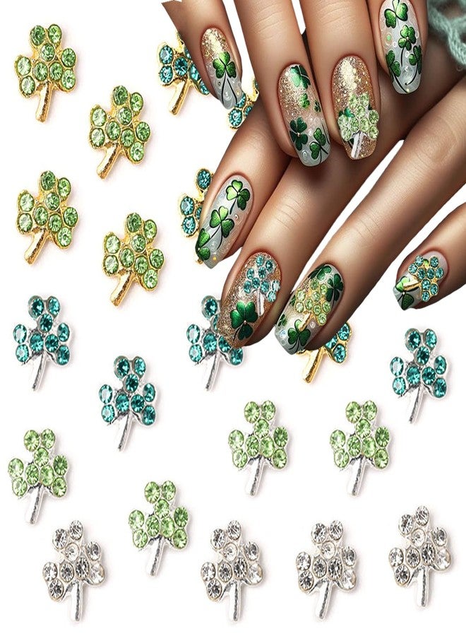 BYJKYEN 20Pcs St.Patrick's Day Nail Charms Alloy Silver St.Patrick's Day Nail Charms for Acrylic Nails Green Shamrock Nail Jewelry Nail Gems Rhinestones 3D Shamrock Nail Art for Women Girls Nail Accessories - Image 1