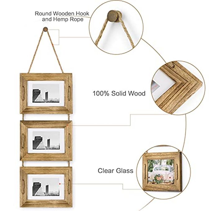 DLQuarts 5x7 Hanging Picture Frames Collage Wall Decor, 3-Frame Set, 3.5x5 with Mat or 5x7 Without Mat, Rustic Solid Wood Photo Frame Pack of 2 Carbonized Black - Image 3