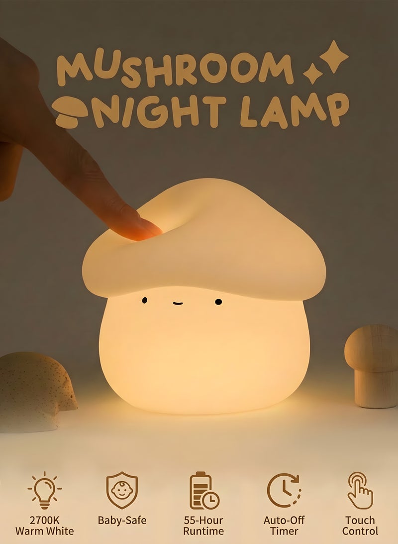 Chillspace Mushroom Night Light for Kids - 2700K Warm White for Baby sleep LED Night Lamp with Timer & Touch Dimming, 55H Rechargeable Safe Silicone Lamp for Nursery, Bedside, Feeding, Bedroom, Gifts - Image 1