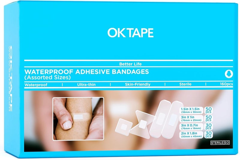 OK TAPE لاصقات شفافه لاصقة مقاومة للماء OK TAPE بكميات كبيرة 160 قطعة بأحجام متنوعة مع تغليف فردي للإسعافات الأولية ورعاية الجروح مجموعة لاصقات متنوعة للجروح الصغيرة والخدوش تبقى ثابتة أثناء الاستحمام - Image 1