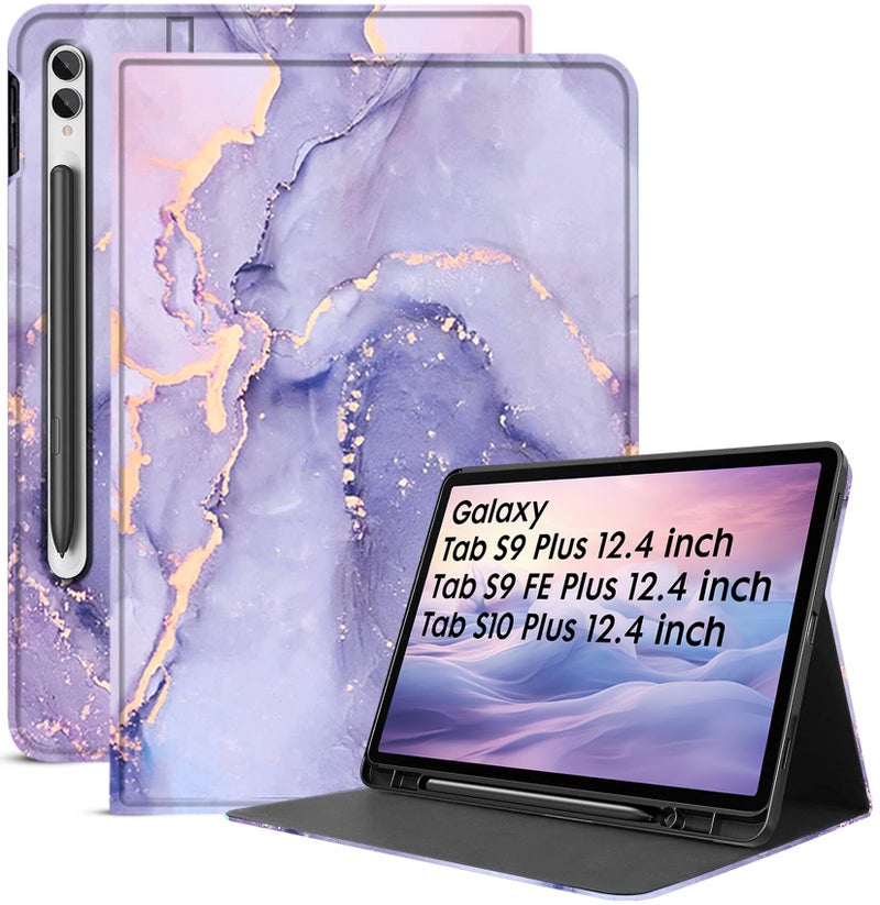 Robustrion Cover Case for Samsung Galaxy Tab S9 FE Plus 12.4 inch/Tab S9 Plus inch, Folio Cover Case with [Pencil Holder] [Auto Sleep Wake] for Samsung Tab S9+ / S9 FE+ Tablet - Marble Lilac - Image 1