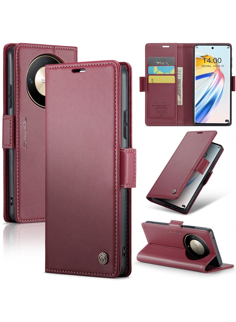 CaseMe Phone Case Luxury PU Leather Design Anti Fingerprint 023 Flip Cover Card Slot Holder Cover For Honor X9A (Red) - Image 2