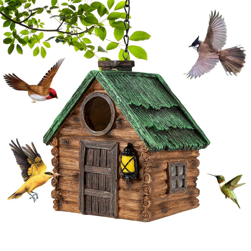 GLOPHOK Bird House for Outside, Resin Bluebird House for Outdoors Finches, Cardinals and Yellow Finches Wild Bird Nesting, 5 Years Weatherable Decorative Stone Hanging Birdhouse for Yard Garden Decor - Image 1