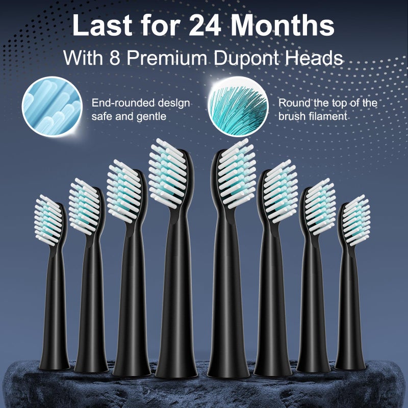 MAXWISDOM Rechargeable Electric Toothbrush, 8 Brush Heads, with 100 Day Battery Life, 5 Cleaning Modes, Fast Type-C Charging, Comes with Portable Travel Case & Holder, Black - Image 4