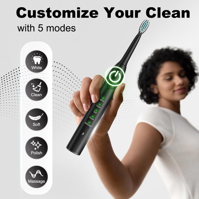 MAXWISDOM Rechargeable Electric Toothbrush, 8 Brush Heads, with 100 Day Battery Life, 5 Cleaning Modes, Fast Type-C Charging, Comes with Portable Travel Case & Holder, Black - Image 2