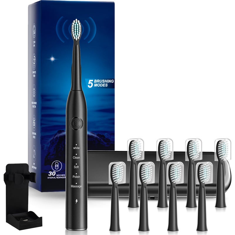 MAXWISDOM Rechargeable Electric Toothbrush, 8 Brush Heads, with 100 Day Battery Life, 5 Cleaning Modes, Fast Type-C Charging, Comes with Portable Travel Case & Holder, Black - Image 1