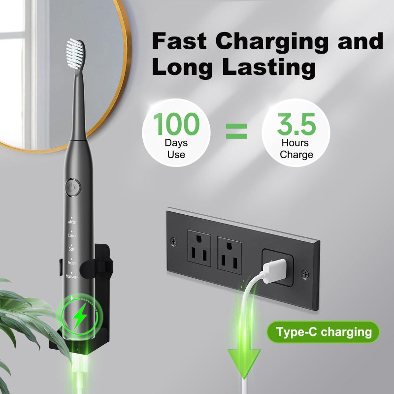 MAXWISDOM Rechargeable Electric Toothbrush, 8 Brush Heads, with 100 Day Battery Life, 5 Cleaning Modes, Fast Type-C Charging, Comes with Portable Travel Case & Holder, Black - Image 5