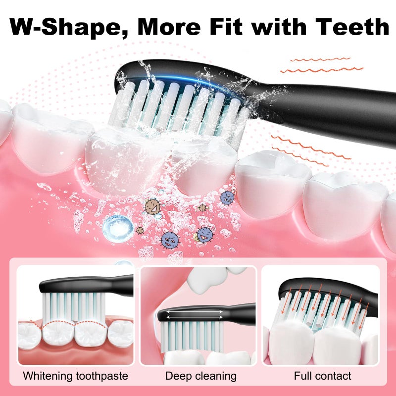 MAXWISDOM Rechargeable Electric Toothbrush, 8 Brush Heads, with 100 Day Battery Life, 5 Cleaning Modes, Fast Type-C Charging, Comes with Portable Travel Case & Holder, Black - Image 3