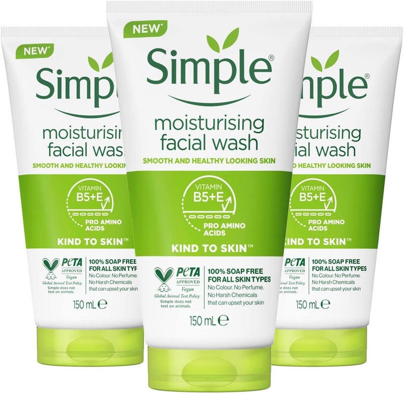 Simple Kind to Skin Moisturising Facial Wash 100 Soap Free Sensitive Skin 150ml Pack of 3