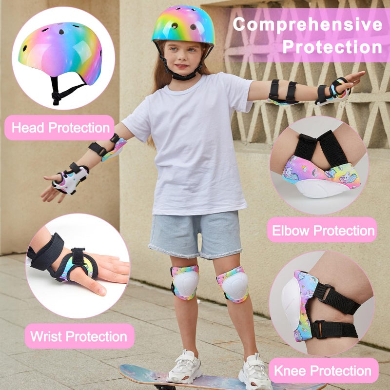 FIODAY Kids Helmet Knee Pads for Kids Unicorn Knee and Elbow Pads Wrist Guards Adjustable Protective Gear Set for Girls Boys Sports Skateboard Inline Skating Scooter, Rainbow, 3-8 Years - Image 2