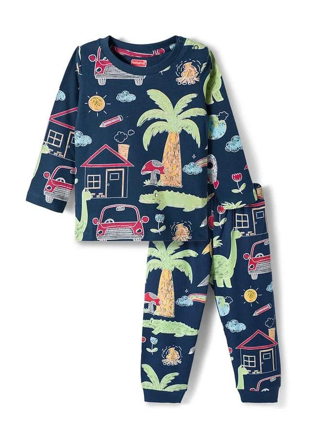 Babyhug Babyhug Cotton Knit Full Sleeves Co-ords T-Shirt & Pajama Night Suit with Jungle Theme Print - Navy Blue