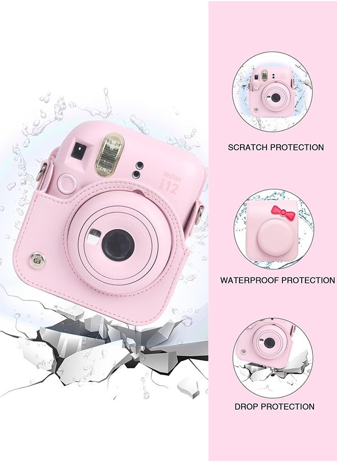 Protective Case for Fujifilm Instax Mini 12 Instant Camera Leather Bag - With Light sensitive Holes Adjustable Shoulder Strap, Lower Right Lens Fit, Better Protection (Pink Bow Tie)