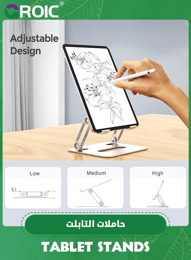 GROIC Silver Portable Tablet Stand Holder for Desk, Adjustable Foldable Aluminum iPad Desktop Stand Tablet Holder Stand Compatible with Tablet Such as iPad, Kindle, Nexus, Galaxy - Image 2