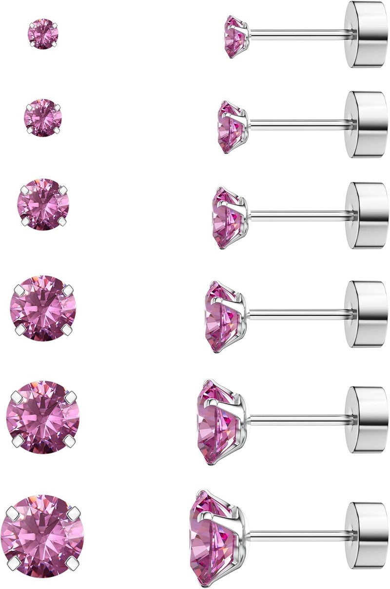 WSSXC 6 Pairs Hypoallergenic Cubic Zirconia Earrings Surgical Steel Flat Back Studs for Cartilage, Screw Back Fashion Jewelry - Image 1