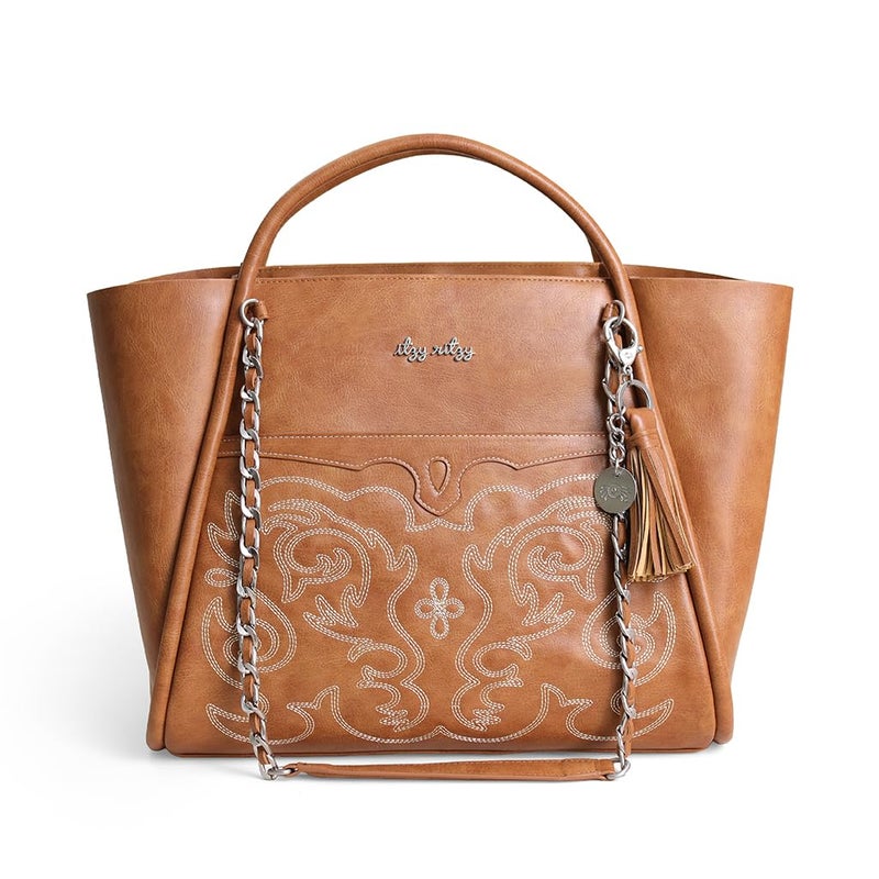 Itzy Ritzy Boss Tote Diaper Bag Vegan Leather Tote Bag with Stroller Straps Changing Pad Shoulder Straps Hook Closure Removable Tassel Saddle - Image 2
